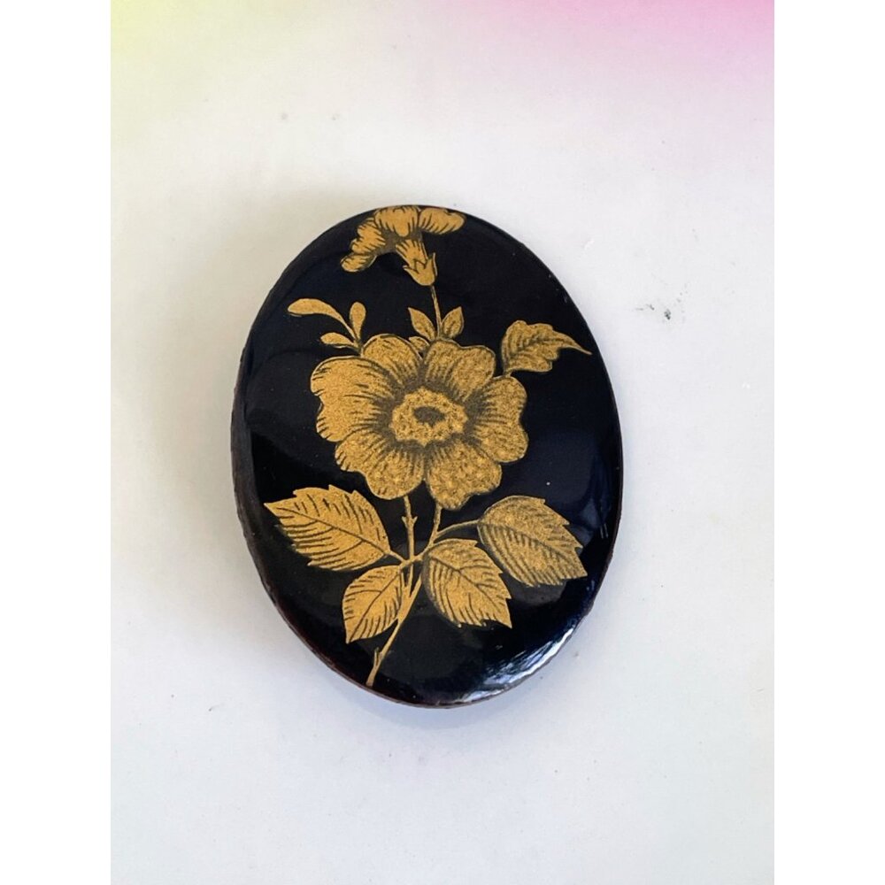 Vintage 1950s Black Enamel Copper Brooch With Gold Flower